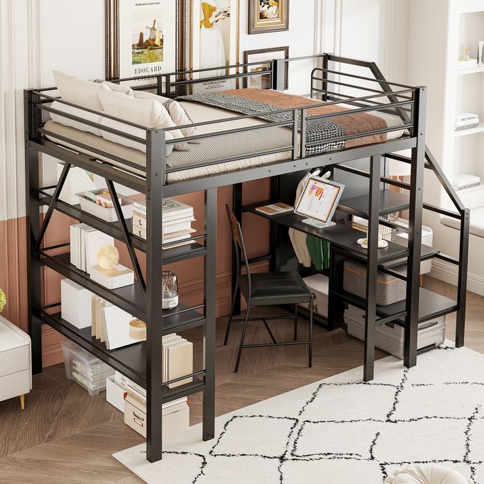 Lit Mezzanine 140x200 Lit Ado/enfant avec Bureau Armoire et Étagères Rangement Pratique Métal et Bois - Sans Matelas - Noir