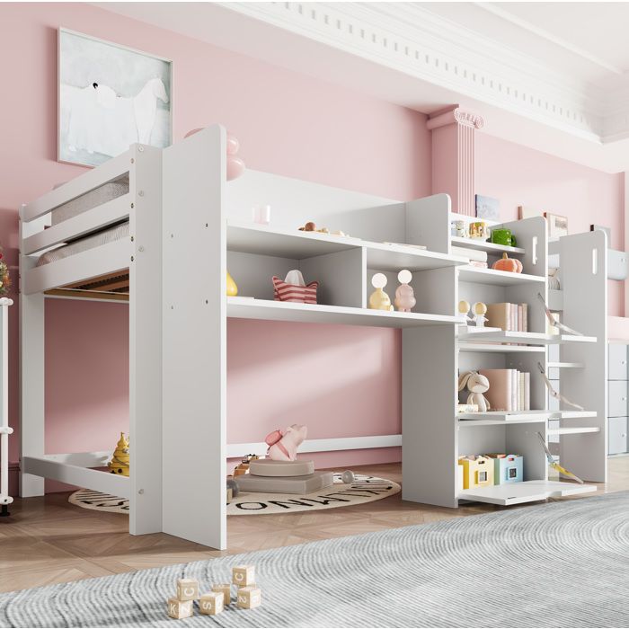 Lit mi-hauteur 90 x 200 cm enfant blanc en pin avec rangements et espace sous le lit