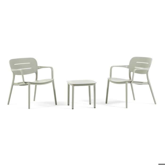 Salon de jardin détente 2 fauteuils avec accoudoirs et table basse empilables en polypropylène pour terrasse balcon piscine Dora