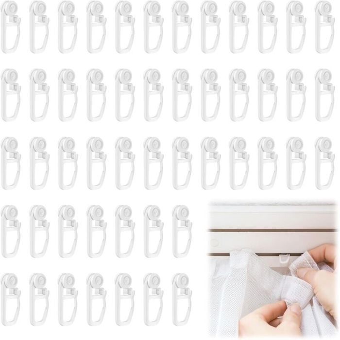 50 Pices Crochet Rideau Rail Glisseurs pour Rail Rideaux Plastique roulettes Rideaux Blanc Tringle Rideau Coulissant Crochet Forte C