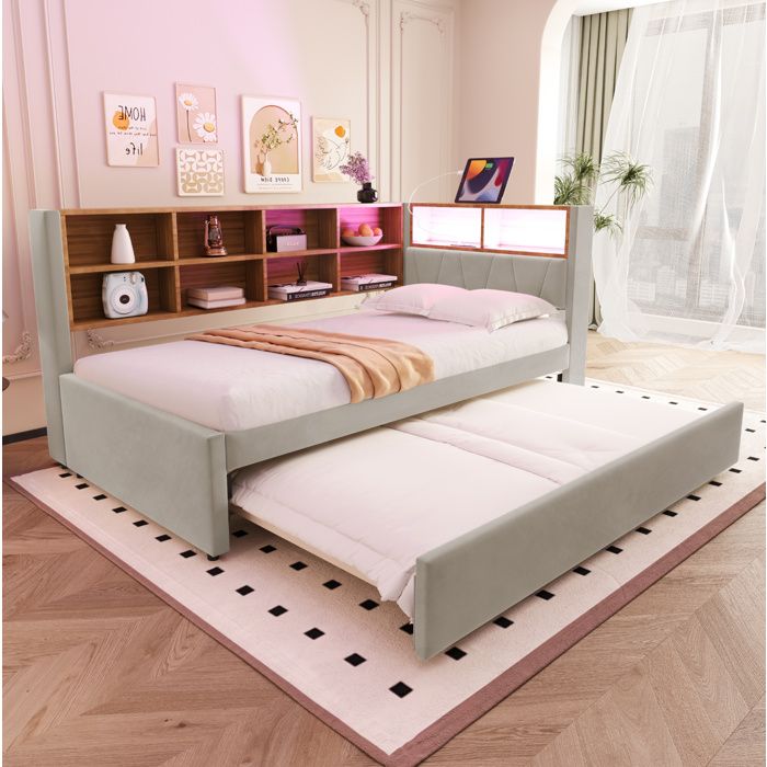 Lit combiné 2 places 90 × 200 cm et 90 × 190 cm avec LED USB Type-C prise et rangements matelas non précisé - UVRION