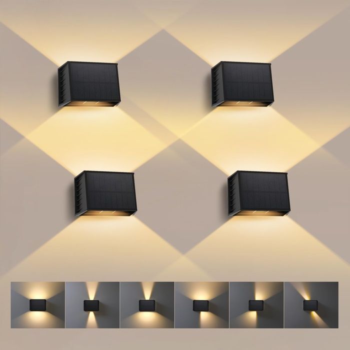 Lot de 4 Applique Murale Exterieur Solaire 3000K Lumière Chaude Lampe Solaire Murale Exterieur avec Faisceau L LAMPADAIRE DE JARDIN