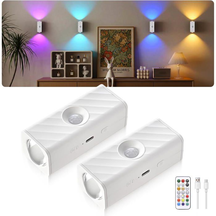 Applique Murale LED Sans Fil Détecteur Mouvement RGBW Télécommande Dimmable Minuteur Armoire Chambre - 2PCS