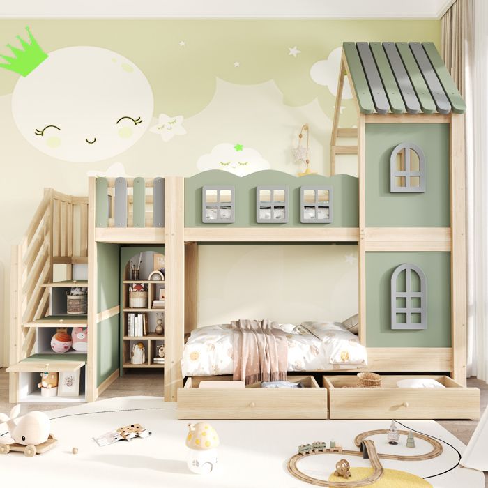 Lit superposé enfant 90 x 200 cm barrière de lit en forme de nuage et toit avec fenêtres Lit cabine avec étagères et 2 tiroirs Vert