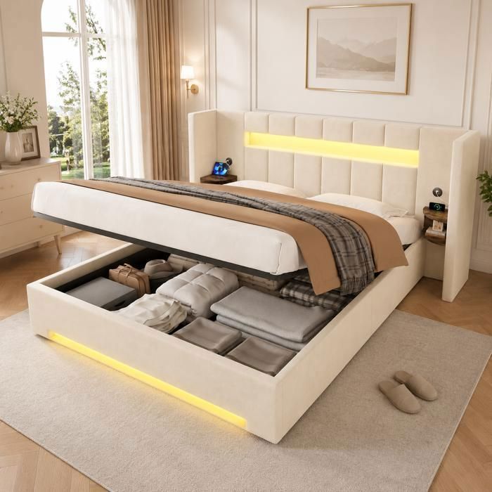 Lit coffre 180x200 cm - Lit adult pour 2persones avec USB et LED - rangement intégré - sommier et lattes inclus - velours beige
