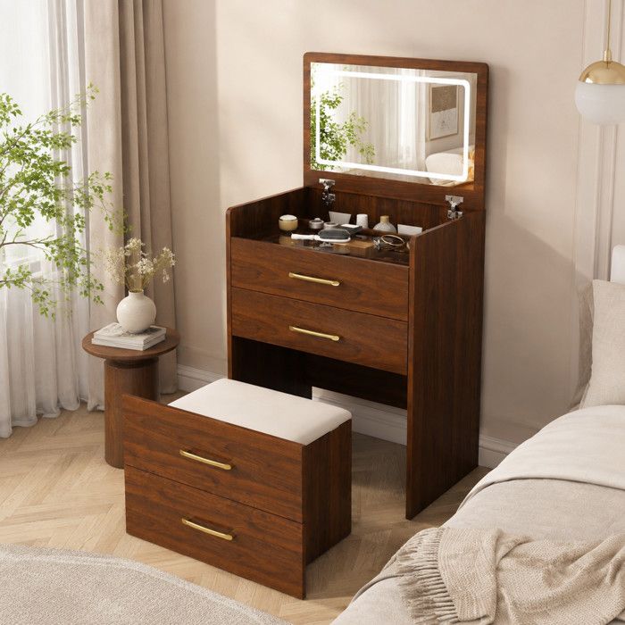ELVORIN Coiffeuse 3-en-1 avec miroir rabattable et tabouret 60 x 40 x 118 cm plateau en verre transparent 3 tiroirs décor noyer