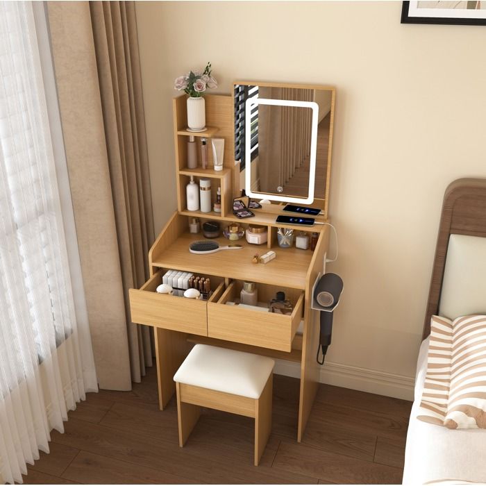 Coiffeuse LED Bois Naturel Coiffeuse Compacte FloraGrace Pour Petite Chambre Avec Tabouret Et Rangement 60x36x130cm