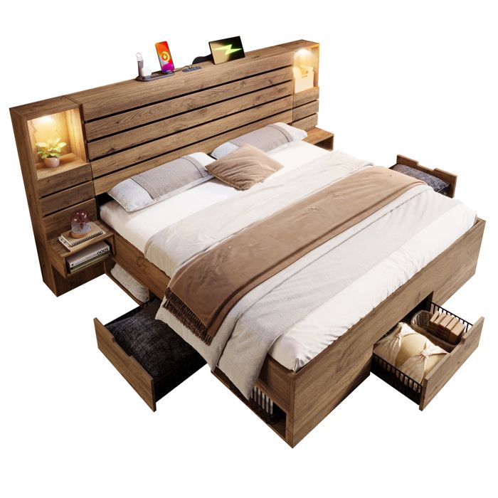 Lit double 180×200 URTR chêne éclairage LED USB-C niche lumineuse chevets flottants rangement tiroirs sous lit sans matelas