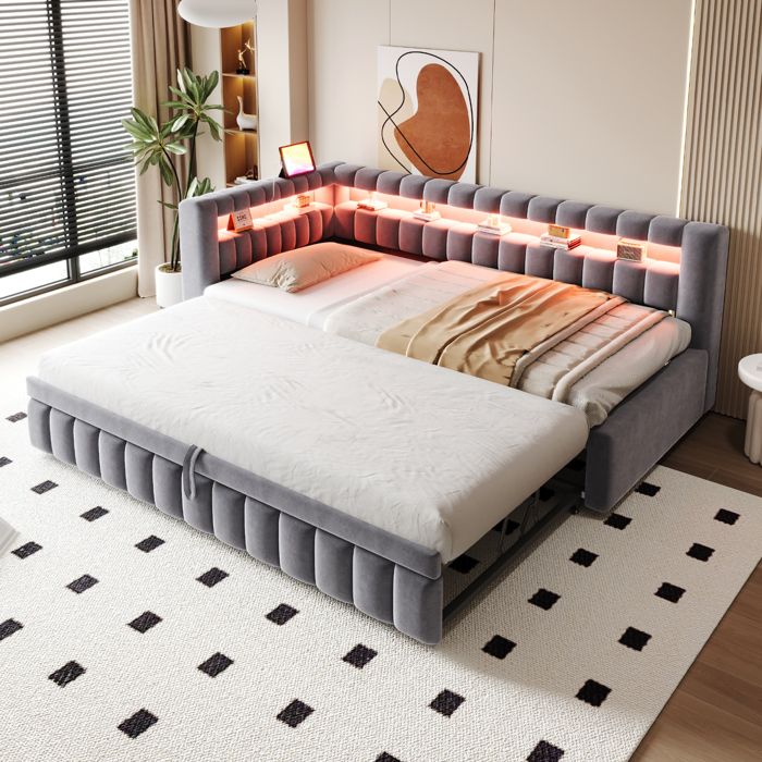 Lit rembourré canapé-lit extensible - 90x200 cm - Canapé-lit convertible 3-en-1 - Lit simple avec lit gigogne