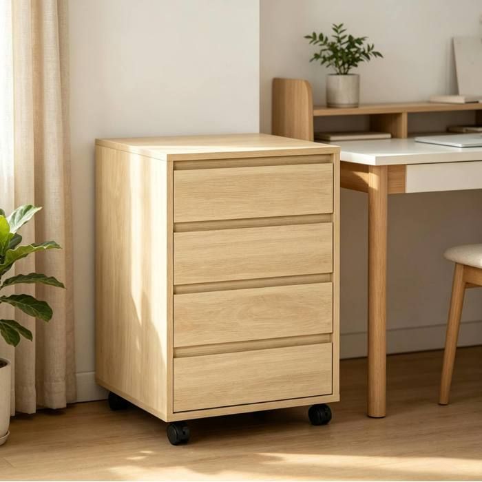ROVRYN Caisson de bureau mobile 4 tiroirs à roulettes en MDF bois naturel 46 x 40 x 65 cm