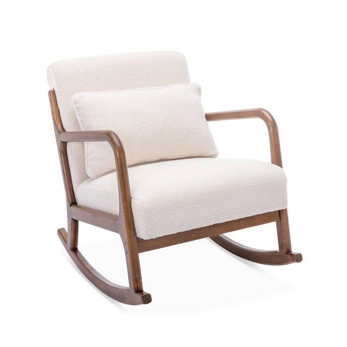 Fauteuil à bascule design en bois et tissu. bouclettes blanches. structure hévéa teinté noyer clair