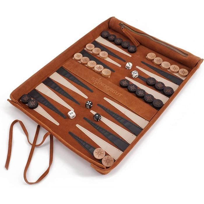 Sondergut Backgammon Deluxe - Design pliable breveté et cuir véritable - Design élégant - Pions en bois de hêtre de qualité supérieure - 30 x 40 cm