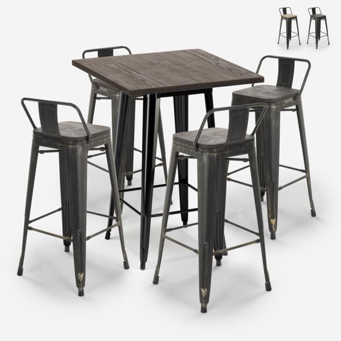 set 4 tabourets bois métal tolix table haute vintage 60x60cm axel black - couleur:wenge