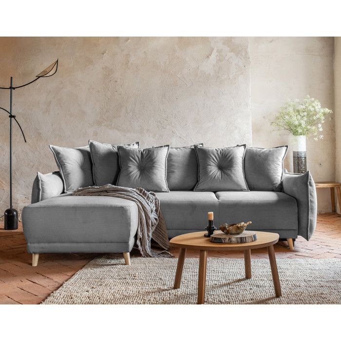 Canapé D'angle 3 Places En Velours Côtelé - Méridienne Réversible - 192 Cm - Gris Clair - Pour Petit Salon