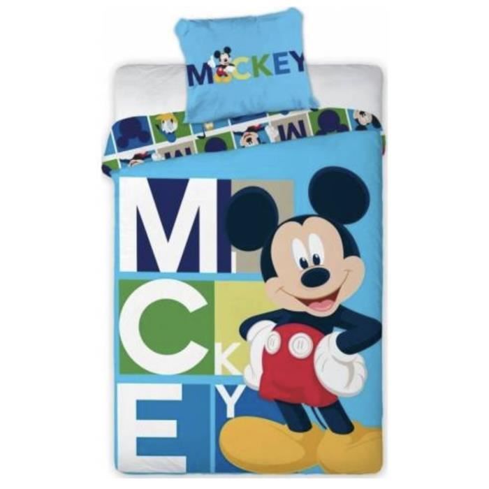 Drap-Housse Disney Mickey Parure de Lit 3 Pièces Housse de Couette 140x200 cm Taie doreiller
