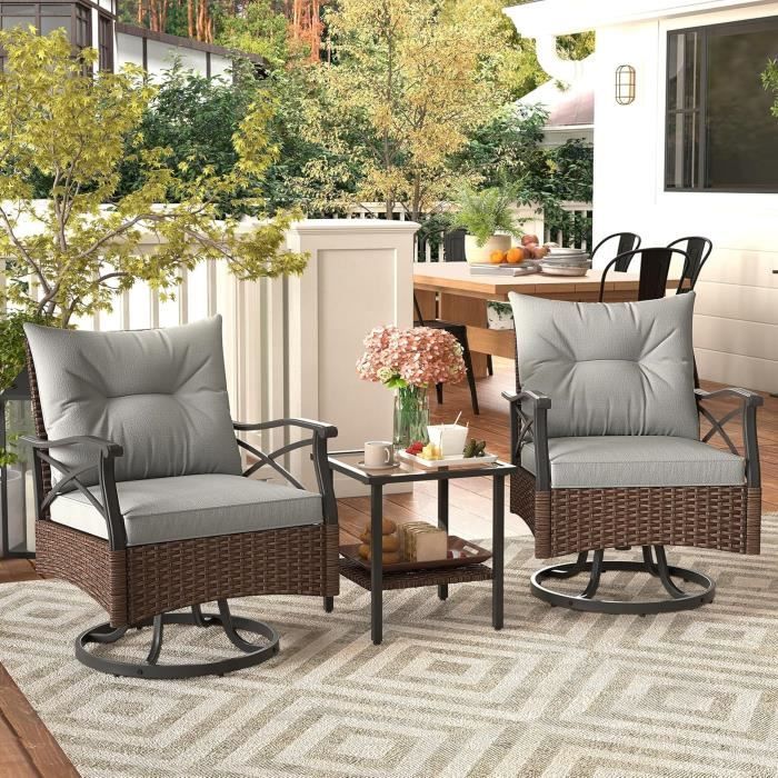 COSTWAY Ensemble Meubles dExtérieur Table dAppoint en Verre Trempé et 2 Chaises à Bascule Pivotantes pour Jardin Patio Terrasse