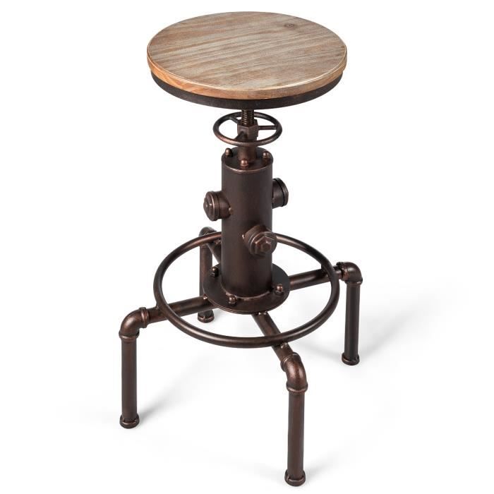 DREAMADE Tabouret de Bar en Pin avec Hauteur Réglable&Assise Rotatif à 360 ° Chaise à Style Industriel de Cuisine avec Repose-pied