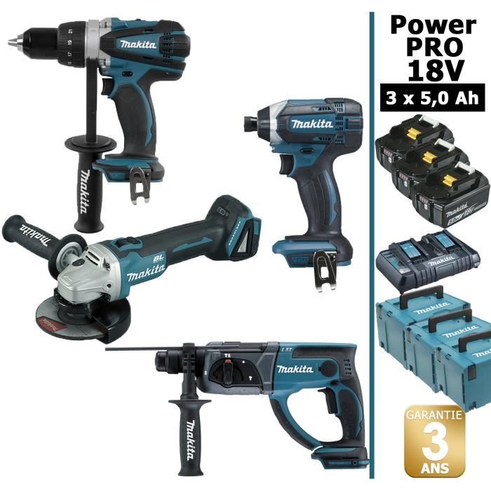 Makita France Pack Makita Power PRO 18V: DDF458 + DHR202 + DGA504 + DTD152 + 3 batt 5Ah + 3 C - vue 1