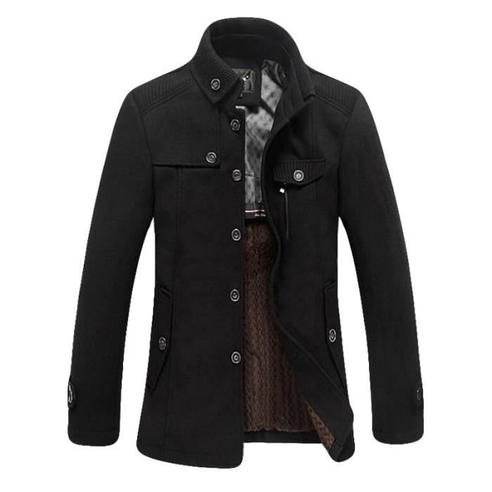 manteau homme de Marque Col debout de laine manteau decontracte d affaires manteau epais Section moyenne et longue d hiver Noir
