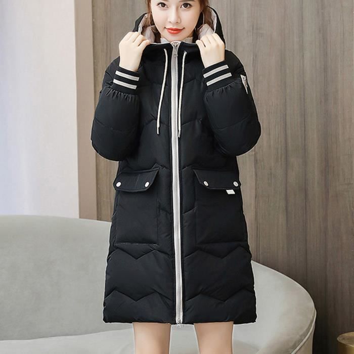 Manteau Femme Pardessus chaud d'hiver à capuche zippé poche plus épaisse Outwear Noir