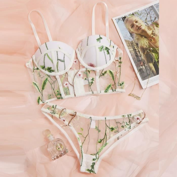 Ensemble soutien-gorge et tanga en dentelle ajourée - Vert d'eau