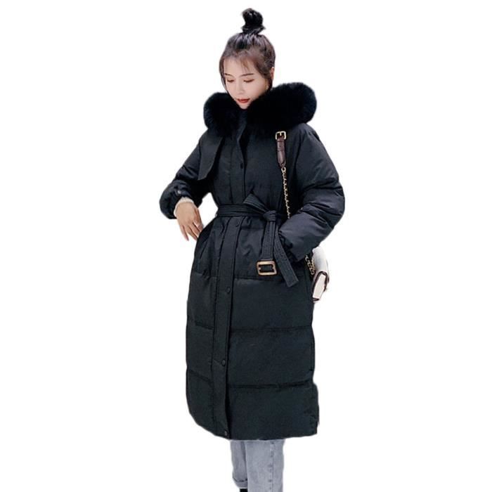 Manteau Femme Chaud Capuche Fausse Fourrure Long Hiver Epais Zip Rembourree Noir