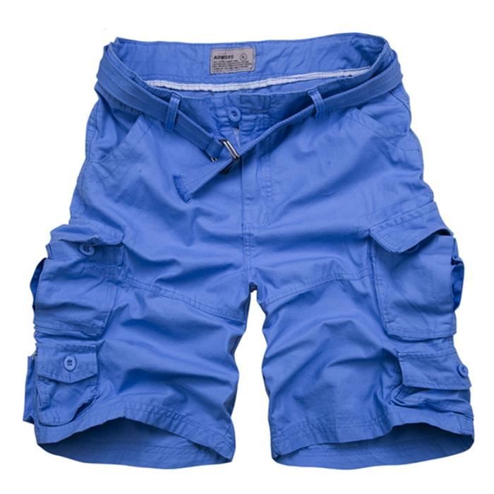 Short Homme uni de cargo Shorts Homme 100Coton Vêtement Masculin Bleu