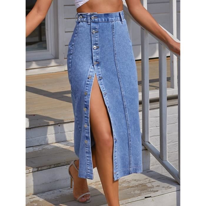 Jupe en jean Jupe en Fente FendueJupe en jeanpour Femme irregularites des boutons Jupe mi Longue Mince Jupe bleu Cdiscount Pret a Porter