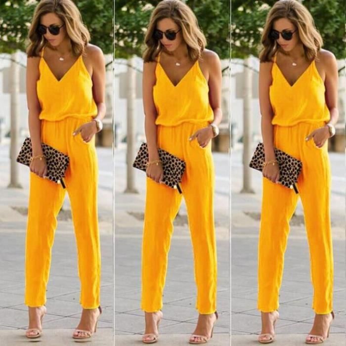 KJEHOME Combinaison Femme Mode Ete Col V Rue Decontractee Jaune qubinlin Jaune Cdiscount Pret a Porter