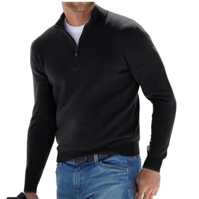 T-Shirt Homme, Tee Shirt Casual, Col Arrondi Manche longue,Couleur unie Polo Homme Zipper Noir