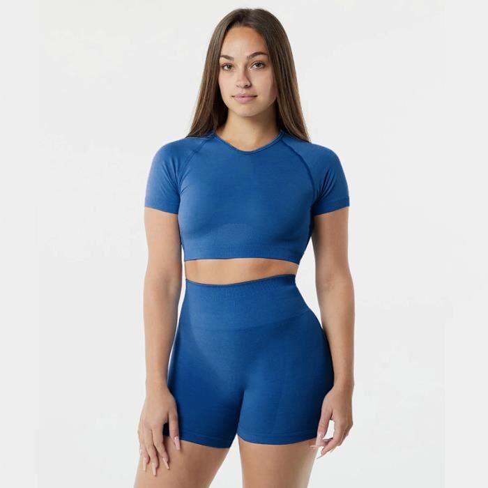 Ensemble de Vetement de Sport Femme Marque Jogging Yoga Fitness Manches courtes Couleur Bleu