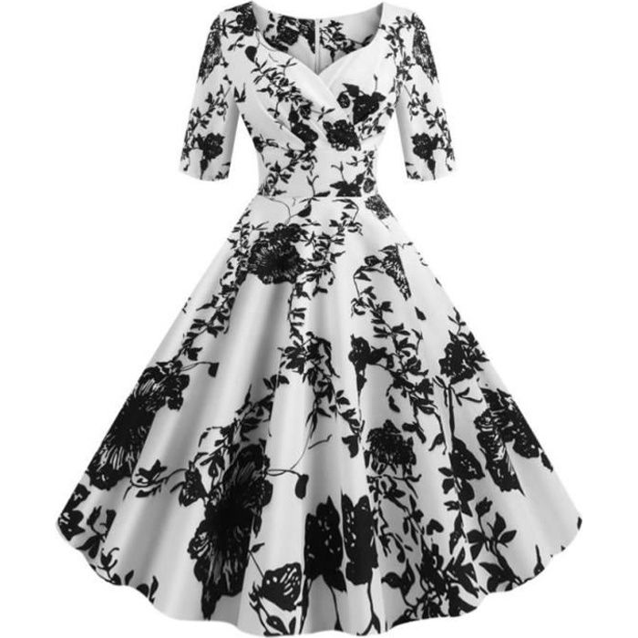 Femmes Vintage manches mi-longues annees 50 Swing Housewife Casual Soiree Robe Classique de bal blanc - noir naishen