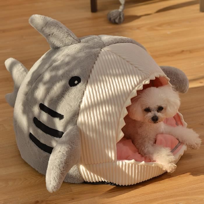 Comparer les prix de Niche pour Chat Petit Chien Interieur Chaud Lit Moelleux Nid de Canapé avec Coussin Amovible Lavable en Forme Requin Gris 53x50x36cm