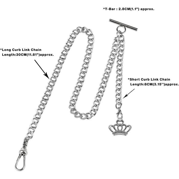 Chaîne de montre de poche avec extrémité en T, chaîne de montre de
