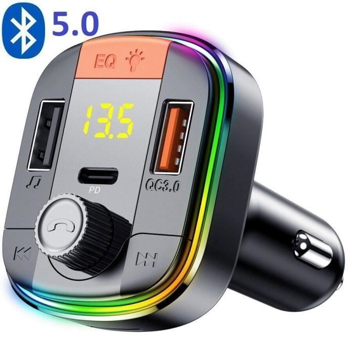 Transmetteur FM Bluetooth Auto HIDOU - Récepteur Autoradio 5.0 Avec Basses, Lumière 7 Couleurs, Charge Rapide QC3.0 PD 30W