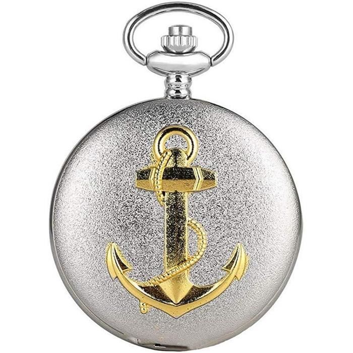 Aruie Montre de Poche Ancre Nautique Marine Relief Floral Chiffre Romain Quartz Vintage Collier Gousset Homme Femme Bronze Arg184
