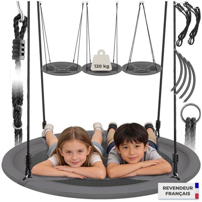 Portique - TECTAKE - Balançoire nid doiseau SWAYER réglable en hauteur charge de 120 kg pour intérieur extérieur Ø 120cm - Gris