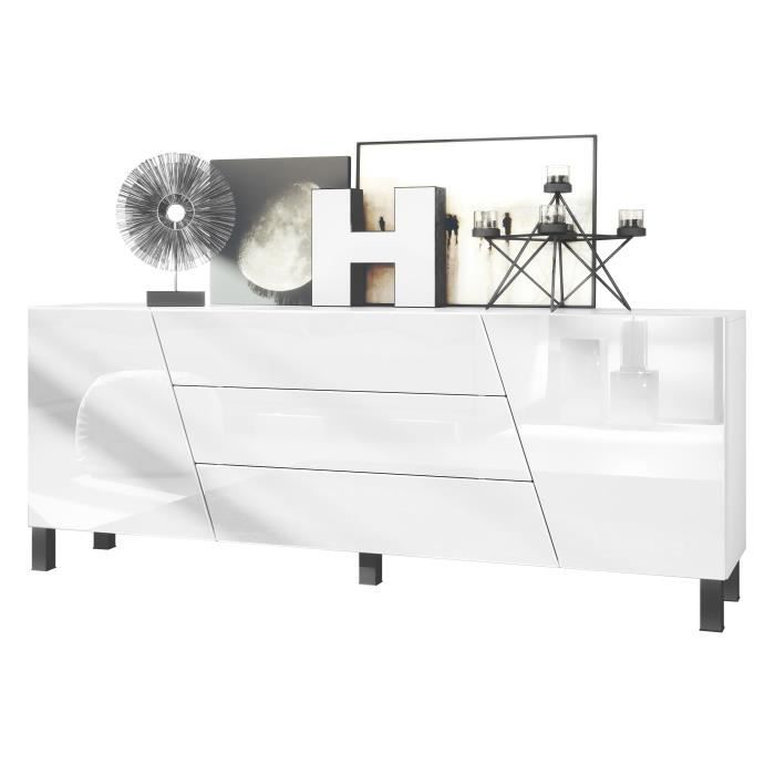 Buffet bas VLADON Houston - 2 portes et 3 tiroirs - Blanc mat et blanc haute brillance Buffet bas VLADON Houston - 2 portes et 3 tiroirs - Blanc mat et blanc haute brillance