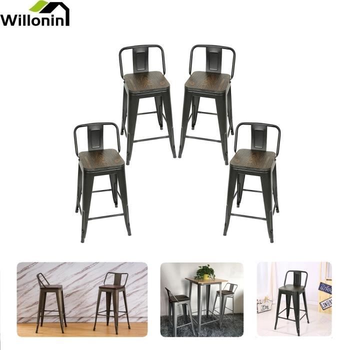 willonin® lot de 4 chaise de bar pour cuisine, materieux en métal et bois foncé, tabouret haut avec assise hauteur 63.5 cm, vintage