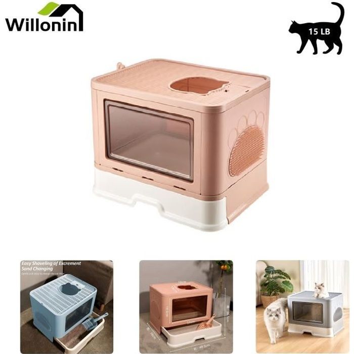 Comparer les prix de Willonin® Bac à litière pliant pour chat, Maison de Toilette portable avec brosse de massage et pelle en PP, Rose 48.5x36.5x38 cm