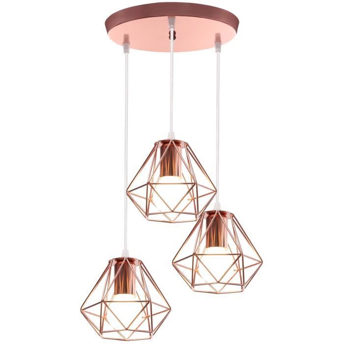 UNI 3 Tête Lustre Suspension Rétro Vintage Industrielle E27 16cm Doré Rose Luminaire Salon Chambre Café Restaurant