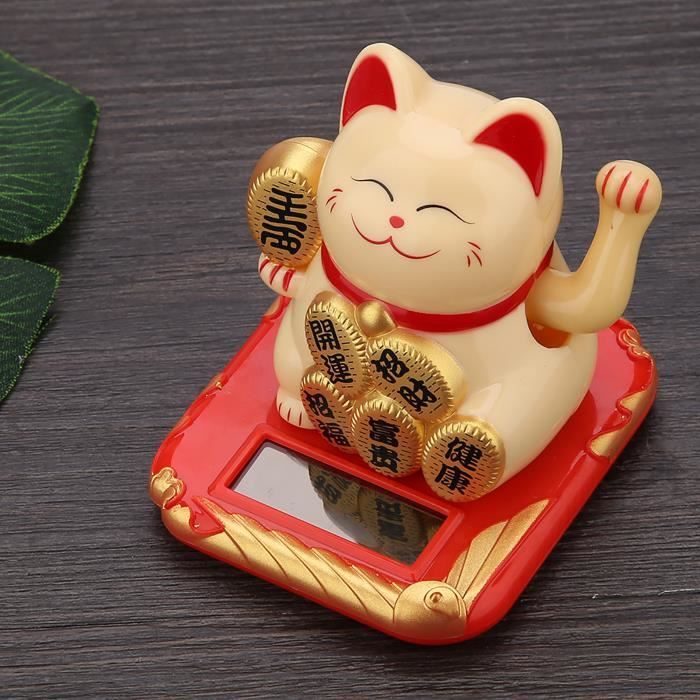 Figurine Chat Porte-Bonheur Japonais à Énergie Solaire - Balance La Main - Blanc/Jaune/Noir - Pour Voiture Ou Maison