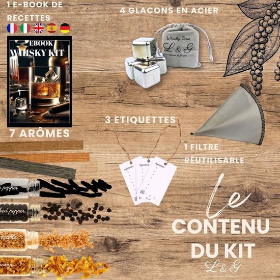 L&G® - Whisky Prepared Kit - Cadeau-ideeën - Originele doe-het-zelf whisky-cadeauset - Kerstmis, verjaardag - Made in France - Stalen ijsblokjes geleverd Kwaliteitsingrediënten