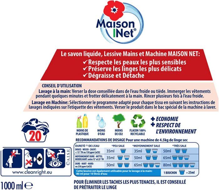 Lessive Mains/Machine Savon de Marseille, Non parfumé 1 L (Lot de 2 ...