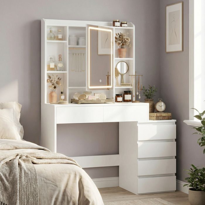 Coiffeuse, avec Grand Miroir LED à Luminosité Réglable, Multiprise, 40 ...