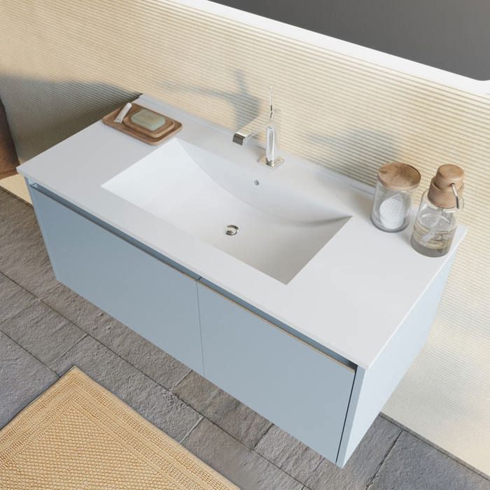 Meuble Salle De Bains Mural 120 Cm New York – 2 Tiroirs Bleu Ciel, Miroir LED – Style Moderne