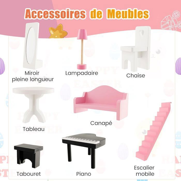 COSTWAY Maison de Poupée en Bois à 3 Etages, Maison de Rêve avec 8 Accessoires, Cuisine, Chambre, Salle de Bain, Balcon pour Enfants de 3 Ans COSTWAY Maison de Poupée en Bois à 3 Etages, Maison de Rêve avec 8 Accessoires, Cuisine, Chambre, Salle de Bain, Balcon pour Enfants de 3 Ans