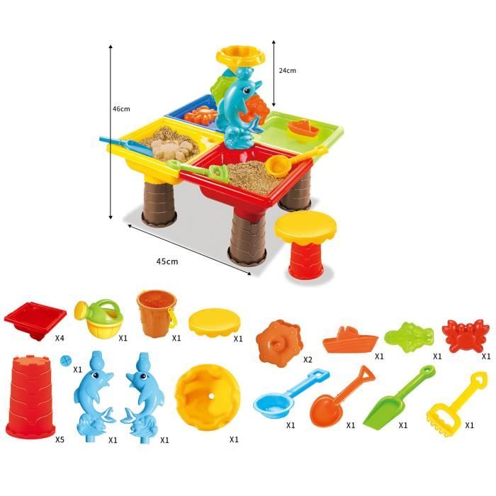 Table Jeu De Sable Et Eau 4 En 1 – Activité Extérieure – Inclut Chaise, Tamis, Moules – ABS – Cadeau été Enfant