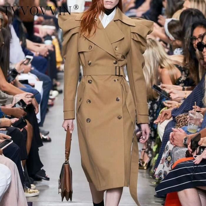 Manteau TVVOVVIN Trench Coat a manches bouffantes Double boutonnage kaki coupe vent Bandage Vintage Type Khaki Blanc Cdiscount Pret a Porter