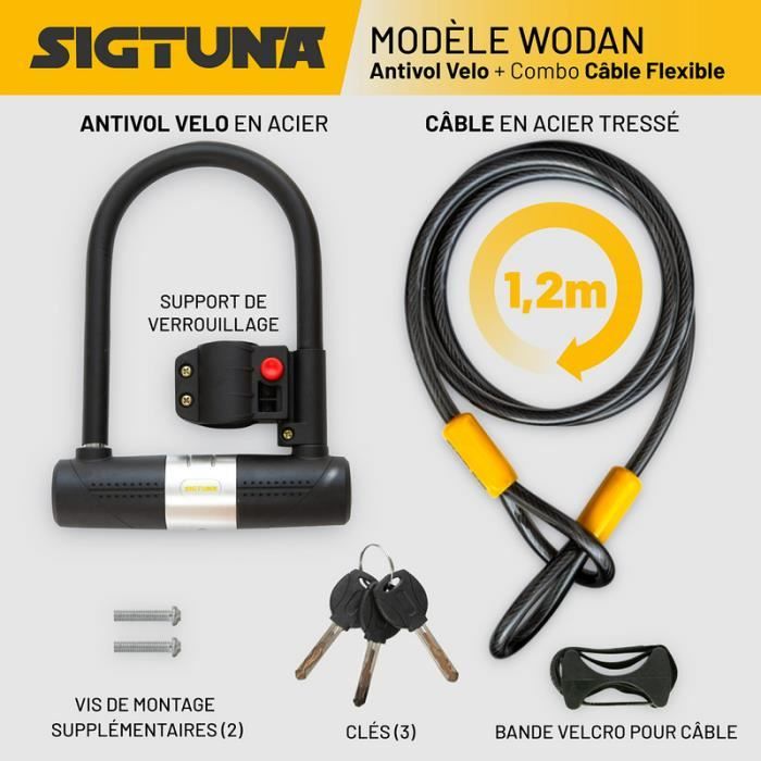 Antivol Velo SIGTUNA - Jaune - Câble 1,2m - 16mm - 3 Clés de Sécurité -  Cdiscount Sport